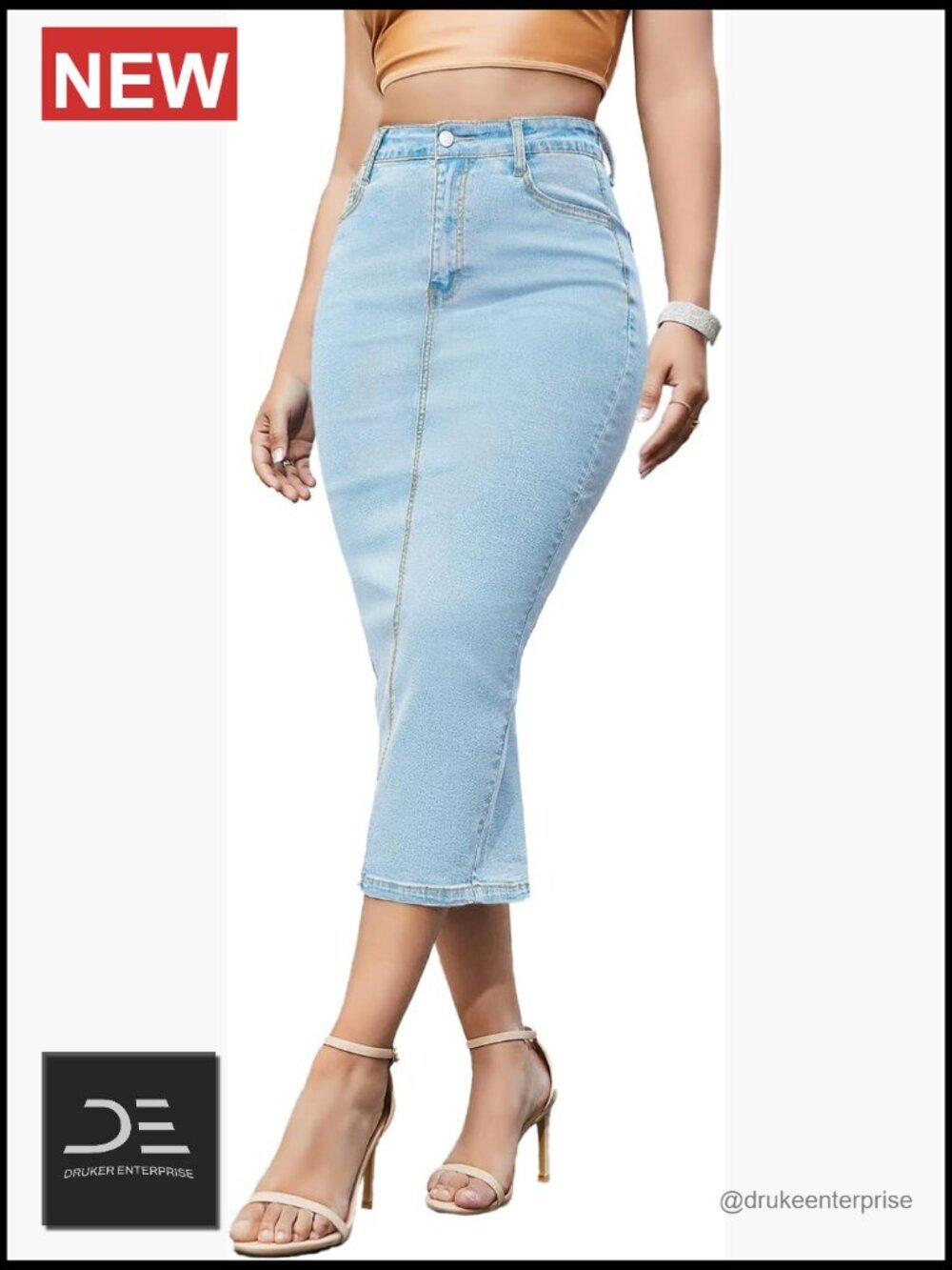 Women's Long Stretch Denim Midi Skirt with Back Slit Bodycon A-Line Pencil